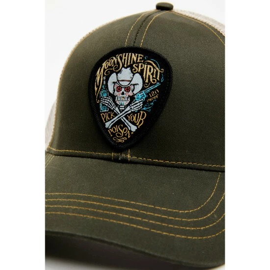 Promo π Moonshine Spirit Men's Skull Guitar Pick Logo Embroidered Patch Mesh Back Ball Cap Olive π₯° - Image 2