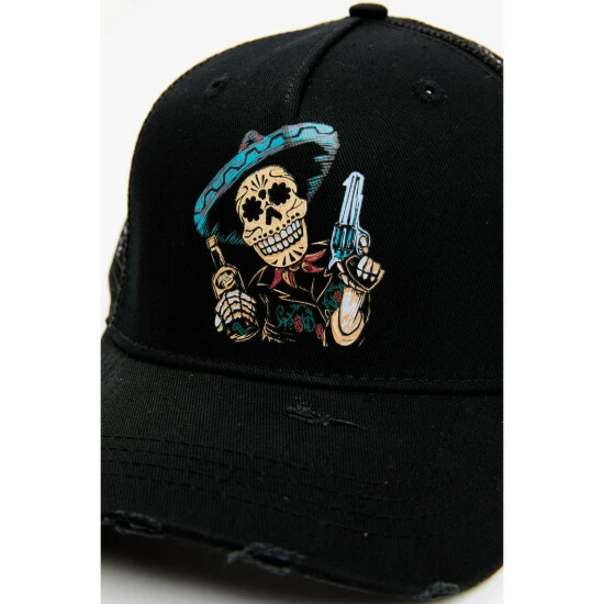 Outlet π€© Moonshine Spirit Men's Distressed Whiskey Sombrero Skull Pistol Graphic Mesh Back Ball Cap Black π€© - Image 2