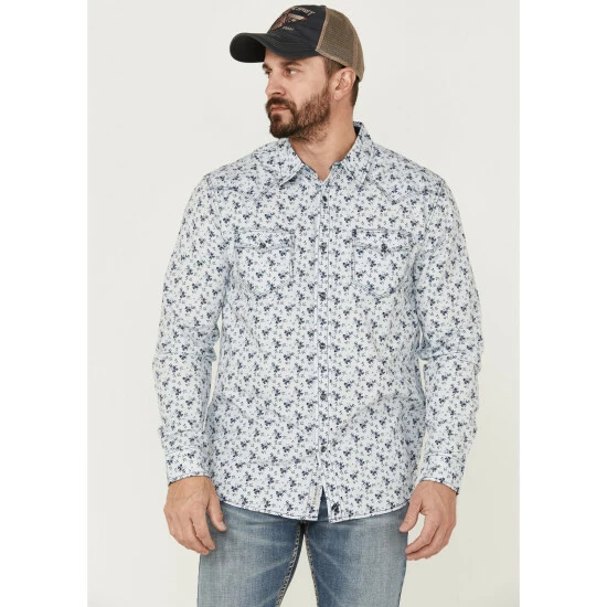 Promo π Moonshine Spirit Men's Bloom Floral Print Long Sleeve Snap Western π Shirt Light Blue π―