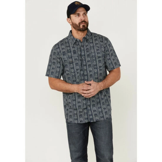 New π Moonshine Spirit Men's Tikki Pole Southwestern Stripe Short Sleeve Snap Western π Shirt Navy βοΈ