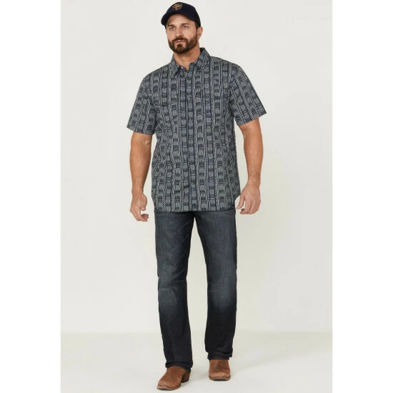 New π Moonshine Spirit Men's Tikki Pole Southwestern Stripe Short Sleeve Snap Western π Shirt Navy βοΈ - Image 2