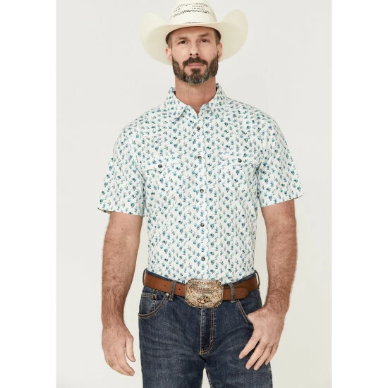 Brand new π Moonshine Spirit Men's Blue Agave Floral Print Short Sleeve Snap Western π Shirt White βοΈ