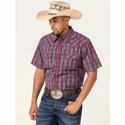 Hot Sale 👏 Moonshine Spirit Men's Roja Plaid Short Sleeve Snap Western 👕 Shirt Navy ✔️
