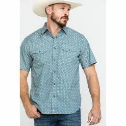 Promo 👍 Moonshine Spirit Men's Pale Ale Geo Print Short Sleeve Western 👕 Shirt Teal ⌛