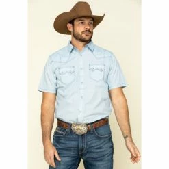 Discount 🔔 Moonshine Spirit Men's Diamond Road Geo Print Short Sleeve Western 👚 Shirt Light Blue 🎉