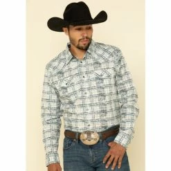 Best deal 🎉 Moonshine Spirit Men's Wash Out Plaid Long Sleeve Western 👕 Shirt Blue 🎉