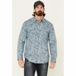 Deals 😍 Moonshine Spirit Men's Bayou Born Large Paisley Print Long Sleeve Western 👚 Shirt Light Blue ⭐