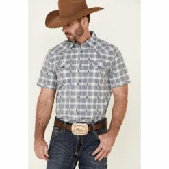 Wholesale 🎁 Moonshine Spirit Men's Cacti Med Plaid Short Sleeve Snap Western 👚 Shirt Navy ❤️