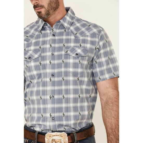 Wholesale π Moonshine Spirit Men's Cacti Med Plaid Short Sleeve Snap Western π Shirt Navy β€οΈ - Image 3