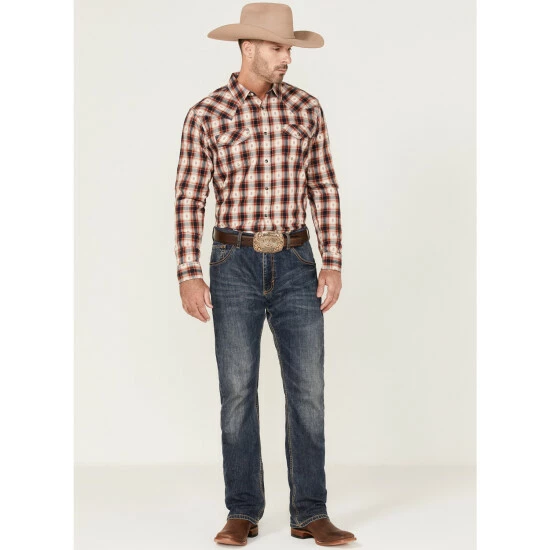 Budget 𧨠Moonshine Spirit Men's Apache Dobby Plaid Long Sleeve Snap Western π Shirt Cream π - Image 2