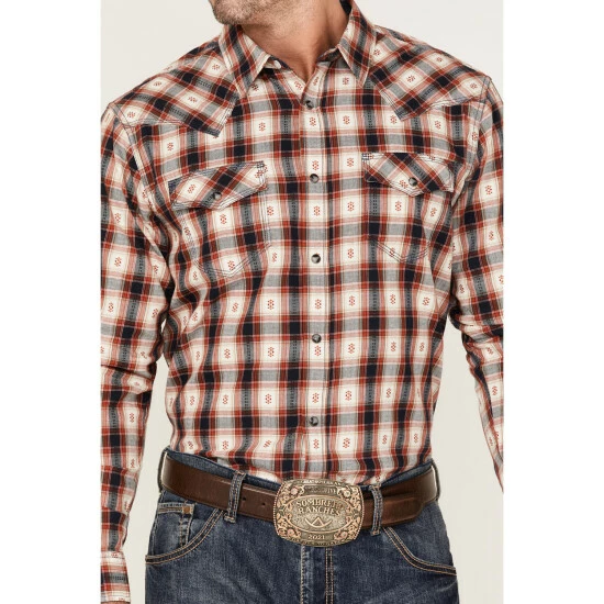 Budget 𧨠Moonshine Spirit Men's Apache Dobby Plaid Long Sleeve Snap Western π Shirt Cream π - Image 3