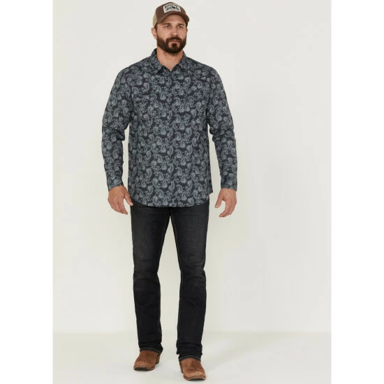Best Pirce 𧨠Moonshine Spirit Men's Amusement Large Paisley Print Long Sleeve Western π Shirt Navy π - Image 2