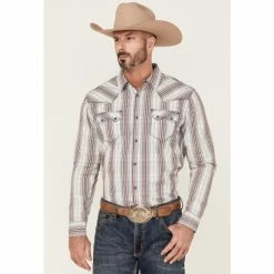 Cheap 🔥 Moonshine Spirit Men's Stripe Plaid Long Sleeve Snap Western 👕 Shirt White ❤️