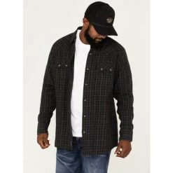 Best Sale 😍 Moonshine Spirit Men's Cask Small Plaid Snap Western Flannel 👚 Shirt Brown 🧨