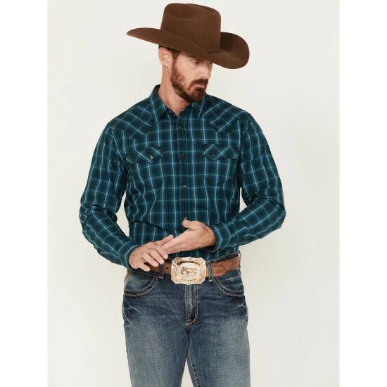 Budget β Moonshine Spirit Men's Bayou Plaid Print Long Sleeve Western Snap π Shirt Teal π