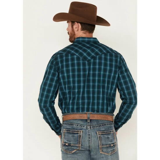 Budget β Moonshine Spirit Men's Bayou Plaid Print Long Sleeve Western Snap π Shirt Teal π - Image 4